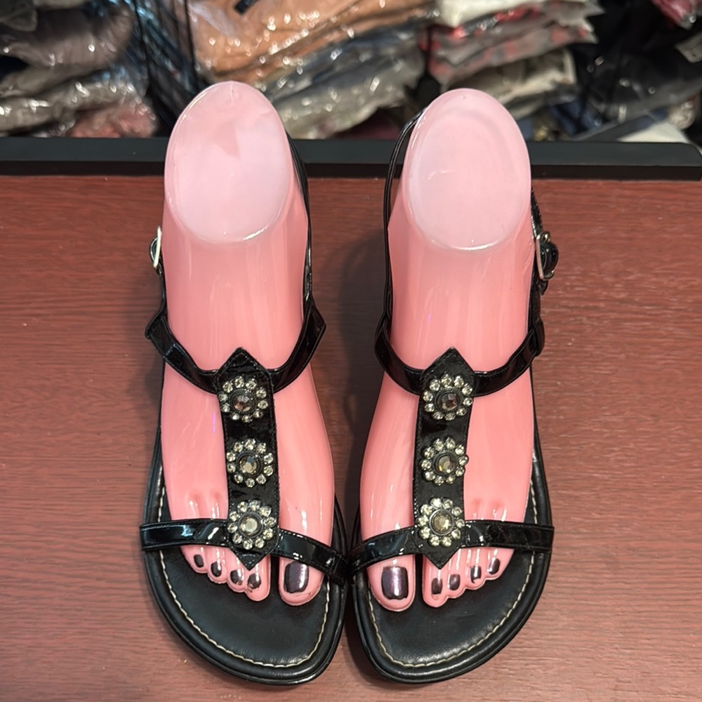 Athena Alexander Black Sandals with Floral Embellishments